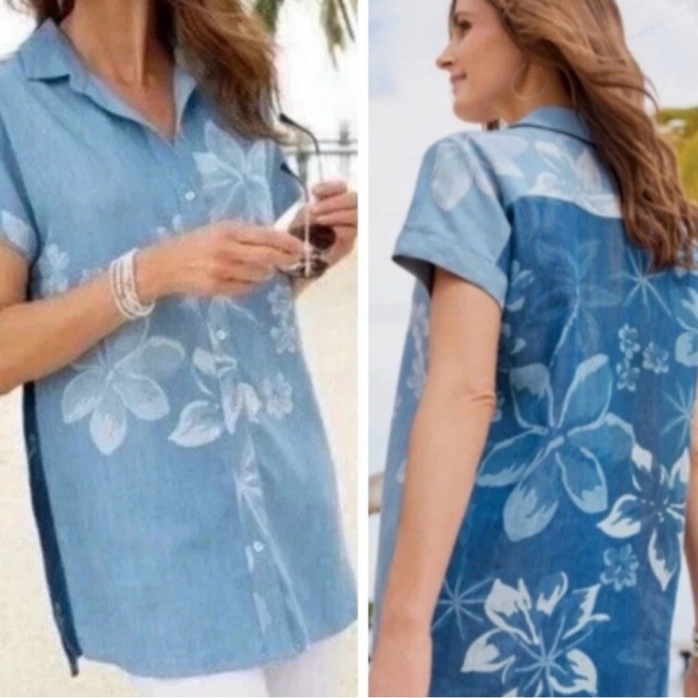 Soft Surroundings Women's Denim-Blue Tencel Chambray Lochlea Tunic Shirt - Picture 2 of 14